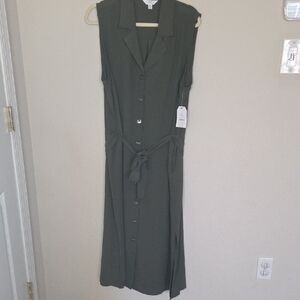 Time and Tru Olive Sleeveless Button-Front Tie-Waist Maxi Dress